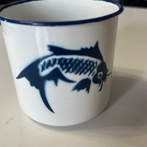 Vintage butterfly brand enamel fish mug cup blue white enamelware koi china